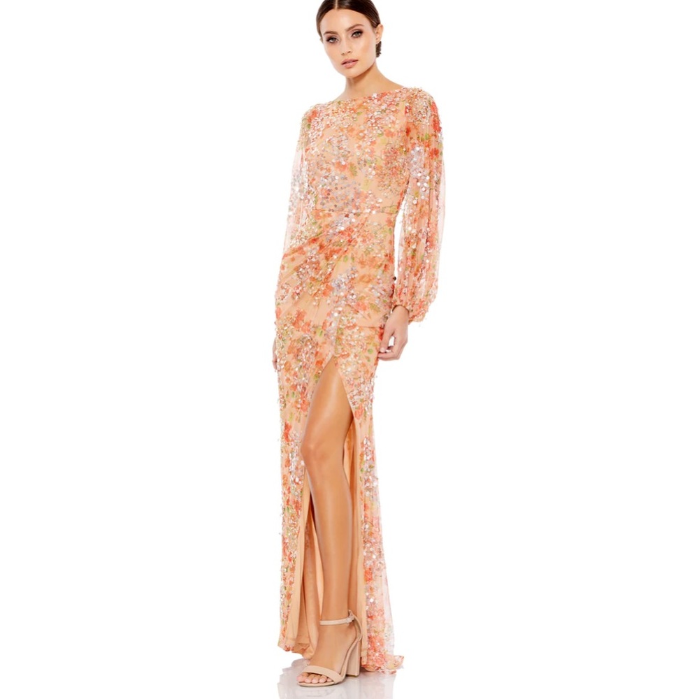 NWT MAC DUGGAL FLORAL PRINT SEQUINED PUFF SLEEVE GOWN